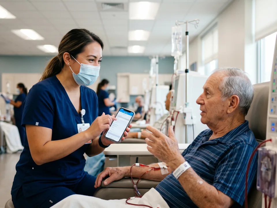 Nurse showing a dialysis patient an app on her phone