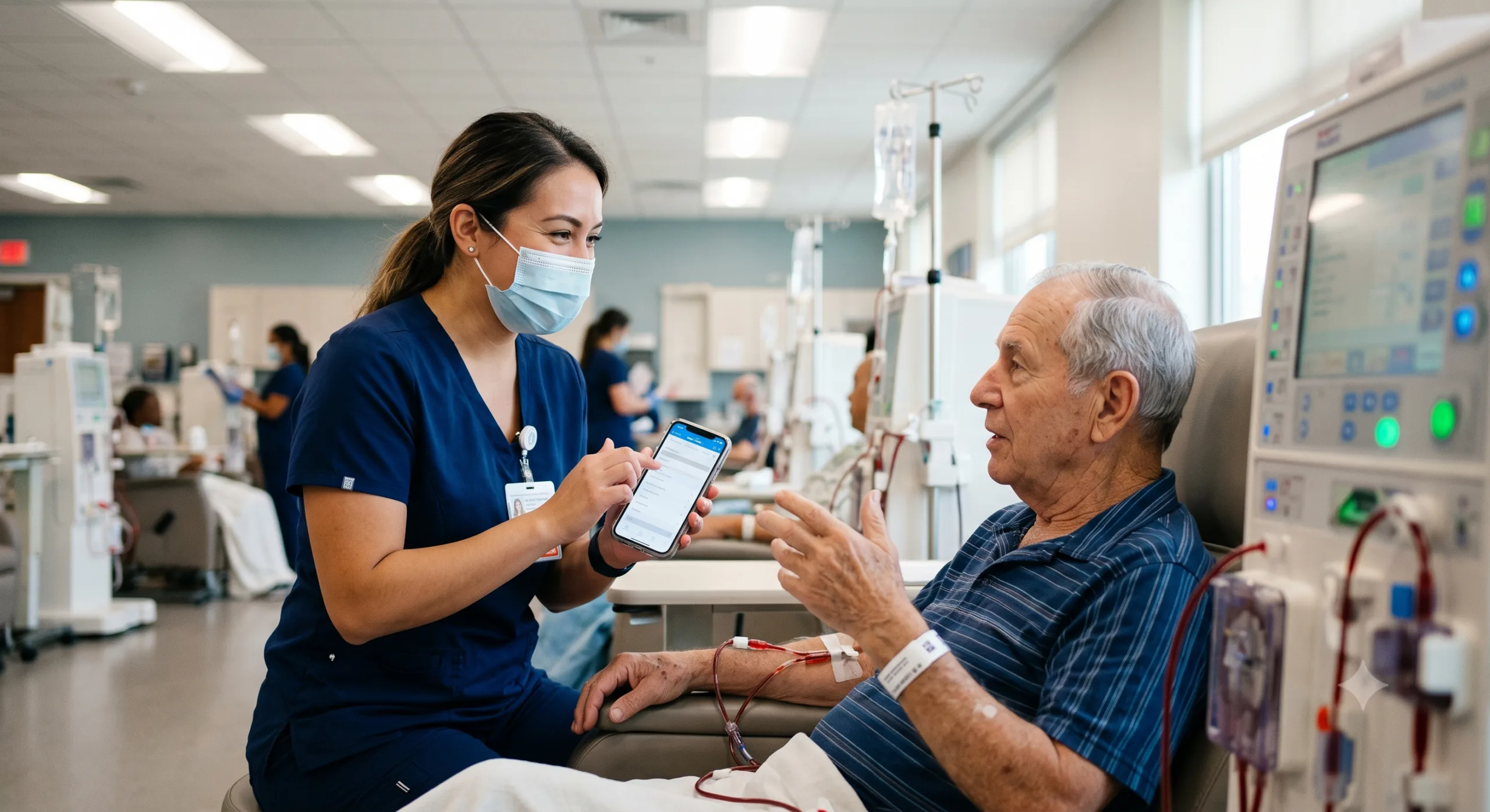 Nurse showing a dialysis patient an app on her phone