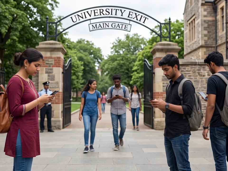 Students using their phones at a university gate