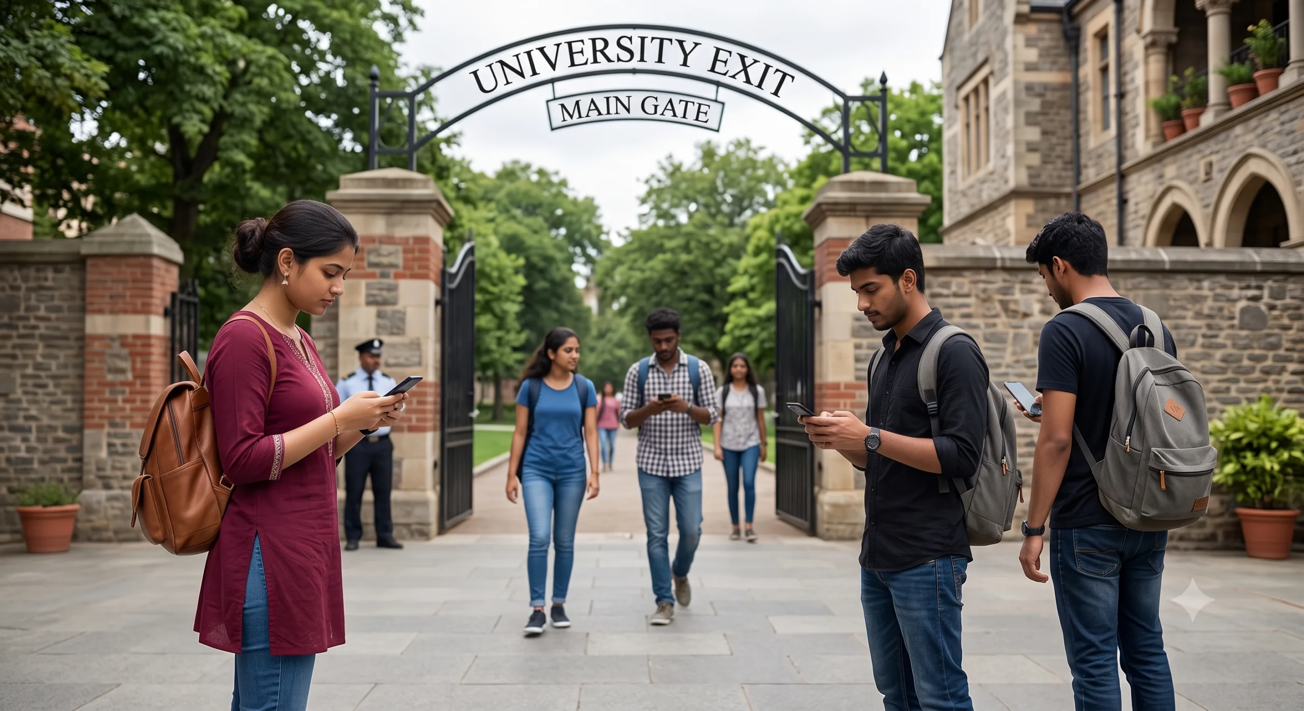 Students using their phones at a university gate