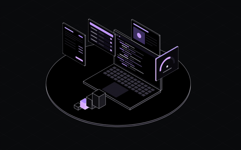 Line drawing of a laptop with code on a platform, a violet effort dial, and floating document, spreadsheet and slide panels around it