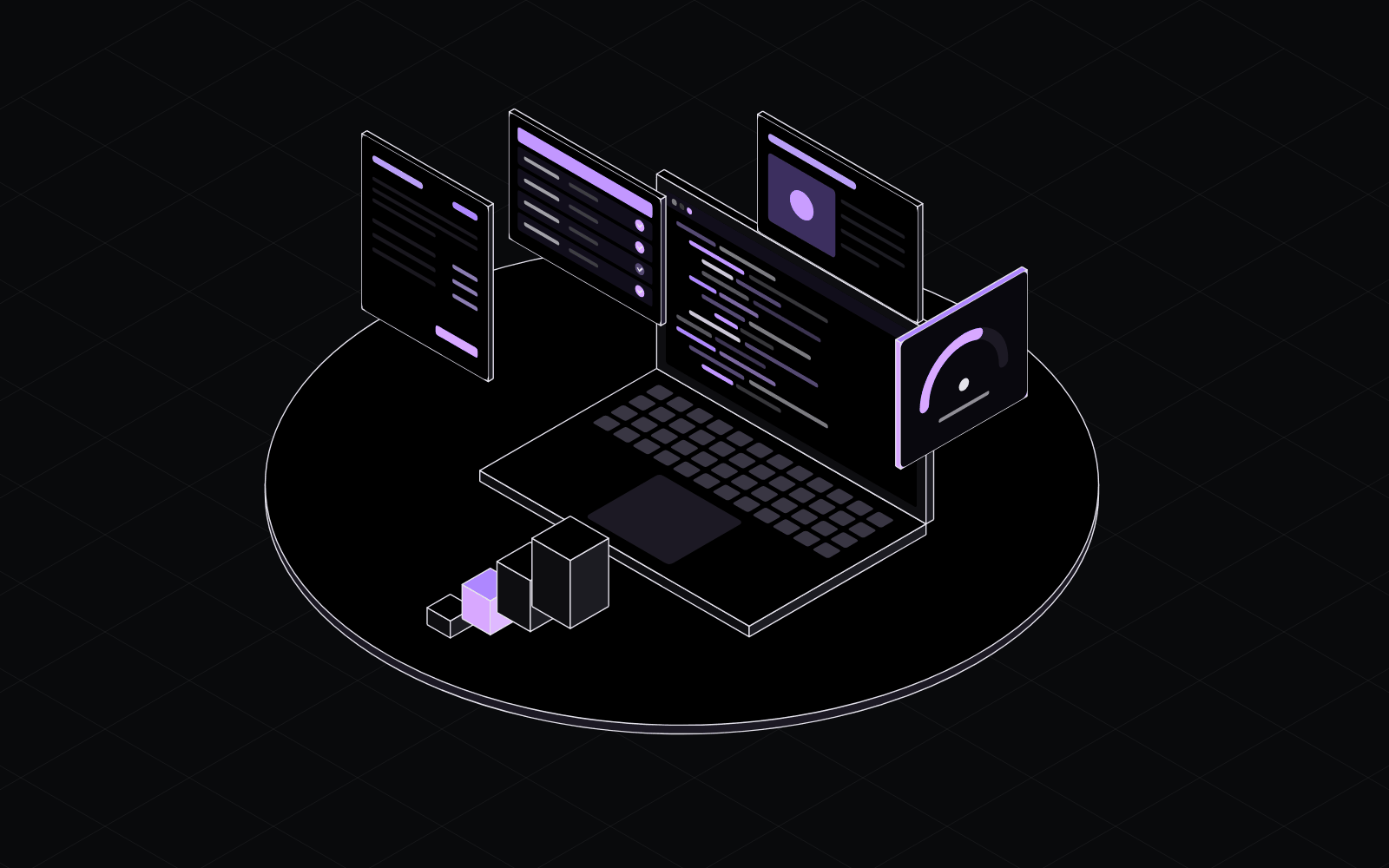 Line drawing of a laptop with code on a platform, a violet effort dial, and floating document, spreadsheet and slide panels around it