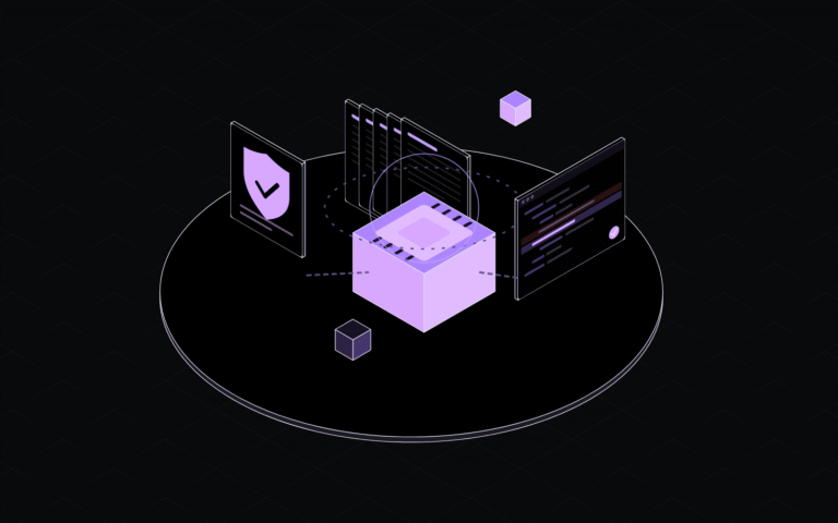 Line drawing of a violet AI core on a platform, with a shield, a code panel being patched and a long stack of output pages around it